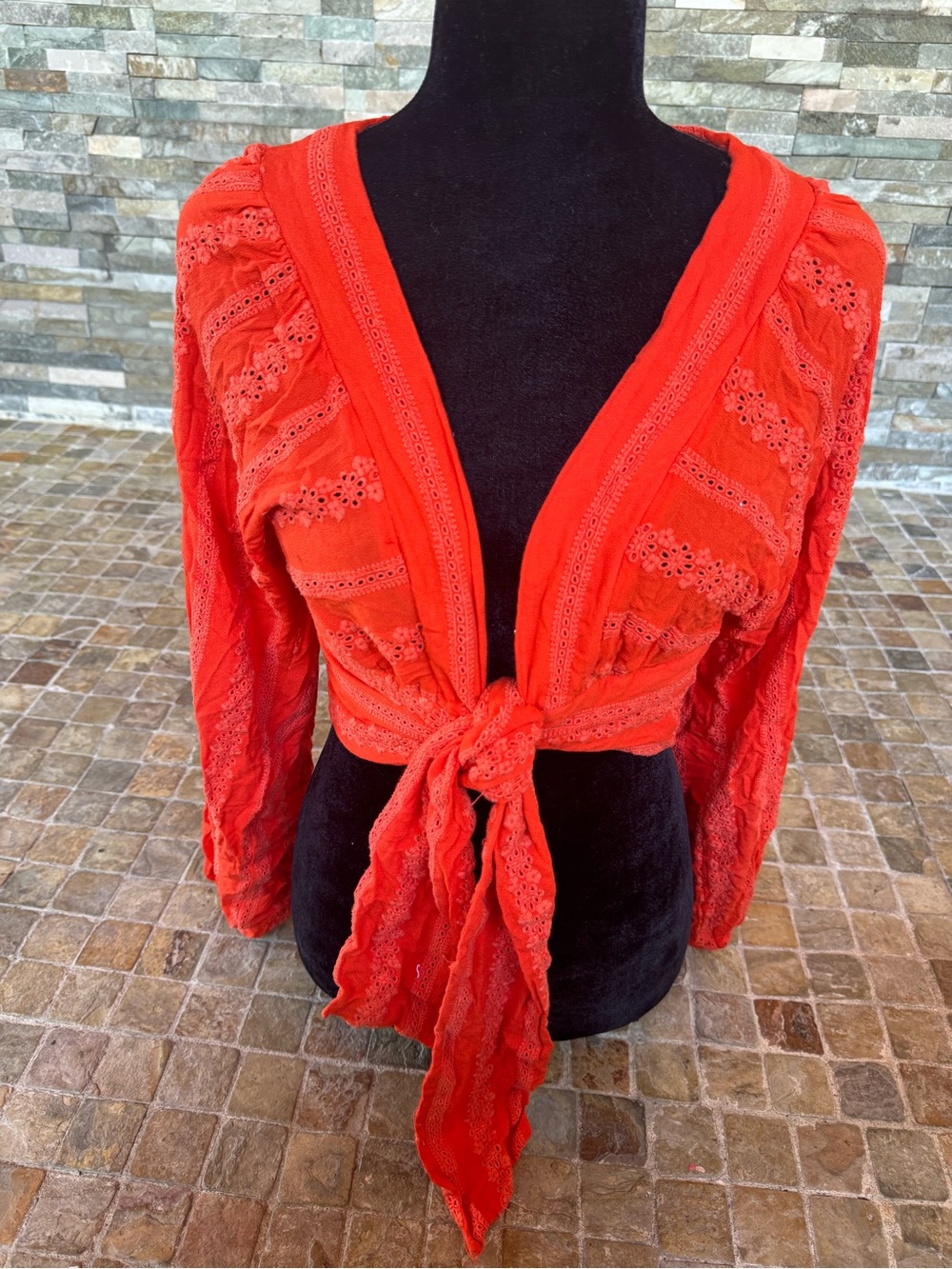 Skylar & Madison Red Tie-Front Crochet Lace Top